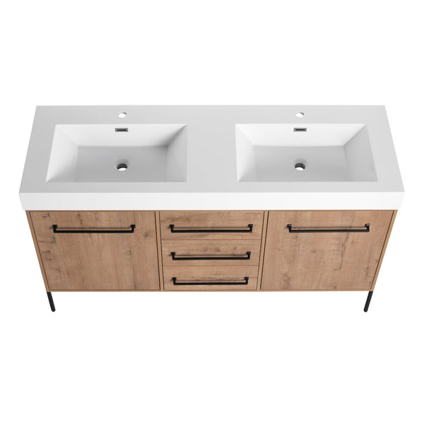 English Elm 60" Freestanding Double Sink Bathroom Vanity with Soft-close Doors and Three Drawers W999S00528