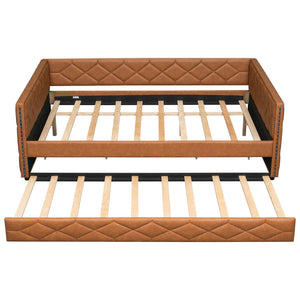 English Elm Full XL Upholstered Daybed with Trundle and Built-In LED Lighting, Tufted Arms, Solid Wood Frame Brown N7090000611D