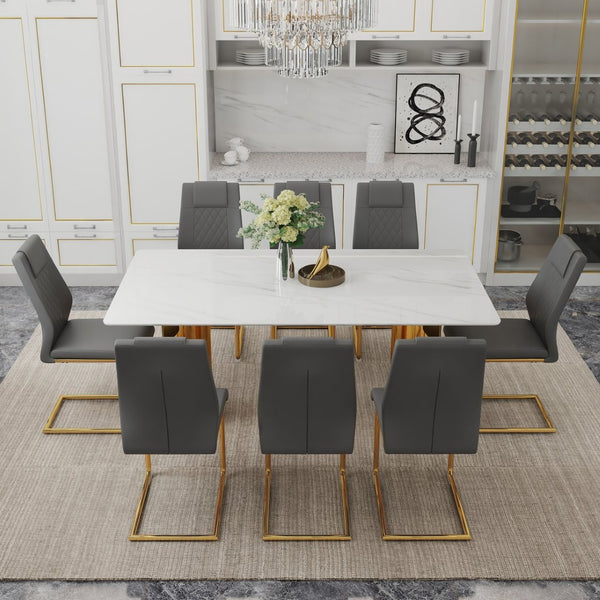 English Elm Table 9-Piece Elegant Dining Set With Glass Top, Imitation Marble, Gold Legs & Comfortable Chairs W1151S04350-GIGA