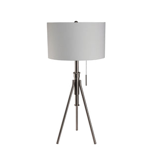 English Elm Vintage Tripod Floor Lamp with Stained Gold Metal Legs, Ivory Shade, Pull Switch, Adjustable Height Brushed Chrome 28.5 L x 16 W x 12 H B2741P317233