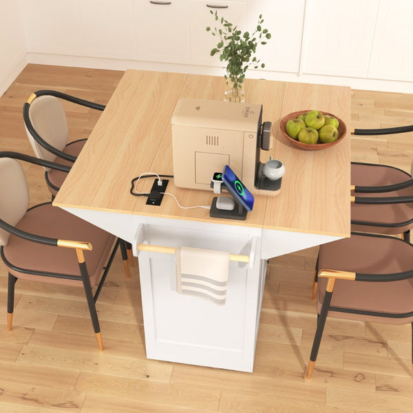 English Elm K&k Rolling Kitchen Island with Drop Leaves Power Outlet Drawers and Spice Rack White N707S186617W
