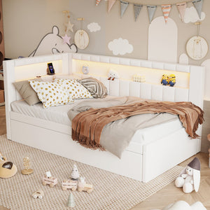 English Elm Upholstered Twin Platform Bed with Trundle, Linen Backrest, Built-In USB Ports & LED Accent Lighting White DL001919AAK