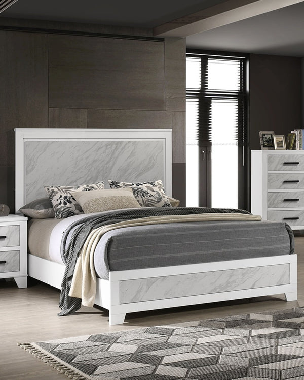 English Elm Contemporary Eastern King Bed In White With Luxe Faux Marble Inset - Durable Rubberwood Design B2741S00711