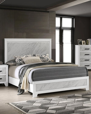 English Elm Contemporary White Queen Bed With Faux Marble Headboard & Footboard - Modern Bedroom Elegance B2741S00710