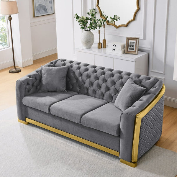 English Elm 81" Tufted Velvet Chesterfield Sofa with Gold Steel Legs for Elegant Living Rooms W1191S00017