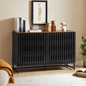English Elm 6 Drawer Double Dresser Black Grille Striped Doors, Modern MDF & Metal Legs, Sturdy 6-Drawer Storage Elegance W578P193307
