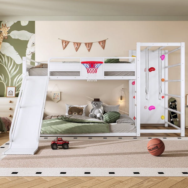English Elm Twin Metal Loft Bed with Slide Basketball Hoop Climbing Wall and Built-in Shelves W1580S00634