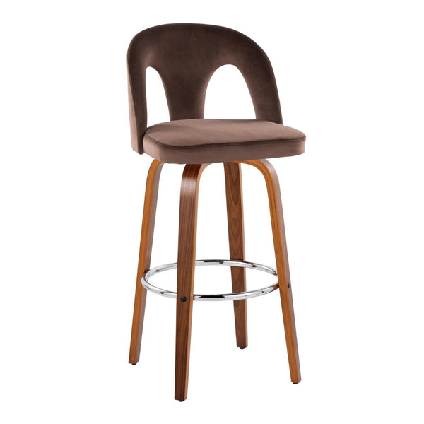 English Elm Fixed-height Swivel Barstools Velvet Seat Walnut Legs Chrome Footrest Set 2 B202S01888