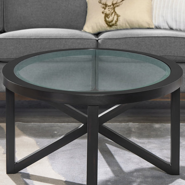 English Elm Modern Round Glass Coffee Table With Solid Wood Base - Stylish Minimalist Design For Every Space W487P317844