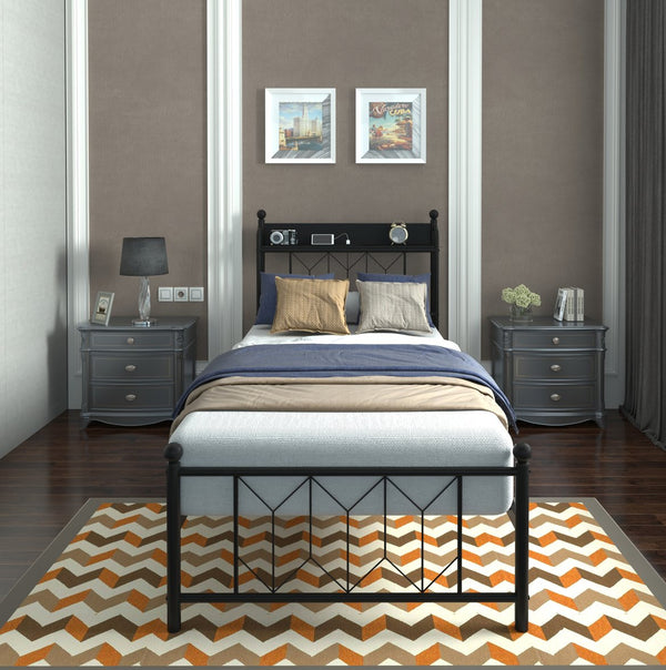 English Elm Twin Bed Frames with Storage Headboard, Built-In USB/Type-C Charging, LED Light, Space-Saving Design Black W2129P314785