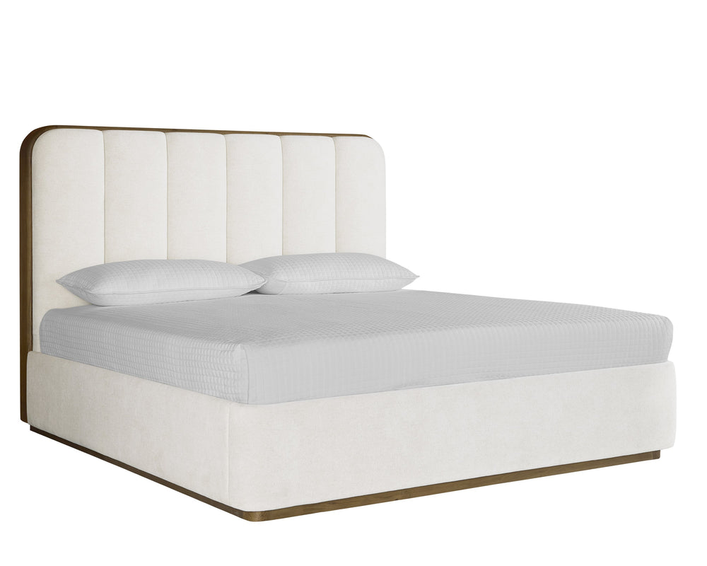 Sunpan Jamille Bed - Plush Eclipse White Upholstered Design with Solid Oak Frame and Extra Thick Headboard King