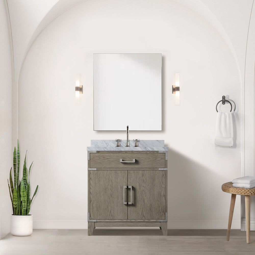 English Elm Grey Oak 30" Single Bath Vanity Set With Carrara Marble Top, 28" Mirror & Chrome Faucet Included B2731S02005