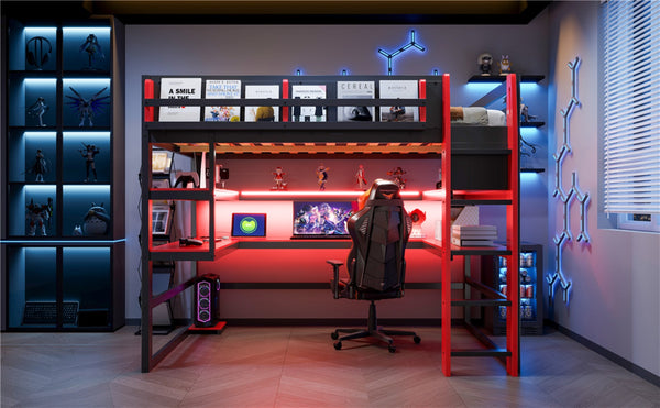 English Elm Full Size Gaming Loft Bed with Rgb Lights Wraparound Shelves and Built-in Usb Ports Red LT000299AAJ