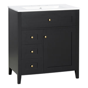 English Elm 30-Inch Contemporary Bathroom Vanity with Sink, MDF & Rubberwood, Glossy Finish, 3 Drawers + Cabinet Black N725P350819B