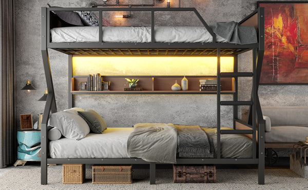 English Elm Queen Over Solid Pine Bunk Bed with Built in Shelves and Tray for Guest Rooms W5305S00013