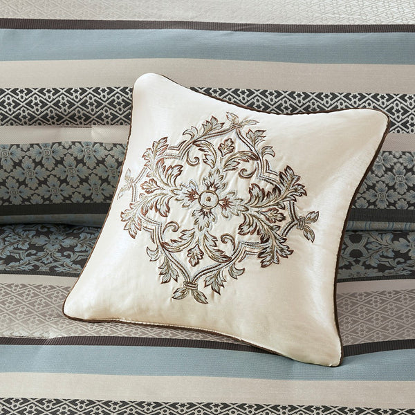 English Elm 7 Piece Comforter Set - Luxurious Blue Cal King Ensemble With Geometric & Damask Prints, Easy Care B03597163