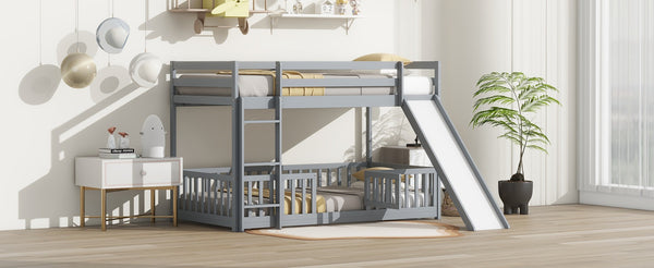 English Elm Twin Over Twin Floor Bunk Bed With Slide, Ladder, Safety Guardrails - Charming Grey Pine Wood Design W504S00189-GIGA