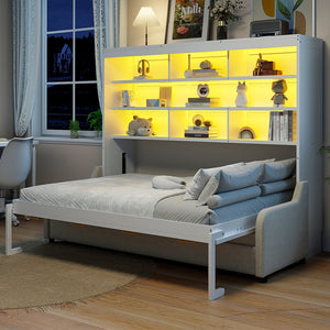 English Elm Queen Murphy Cabinet Bed with Sofa Foldaway, Built-In Shelves, LED Lighting, Space-Saving Beige N7090000603A