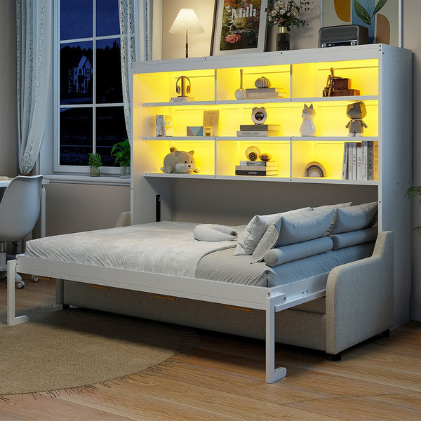English Elm Queen Murphy Cabinet Bed with Sofa Foldaway, Built-In Shelves, LED Lighting, Space-Saving Beige N7090000603A