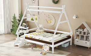 English Elm Twin House Shaped Platform Bed Solid Pine Frame with Built in Stairs for Kids Light White W1580P354720