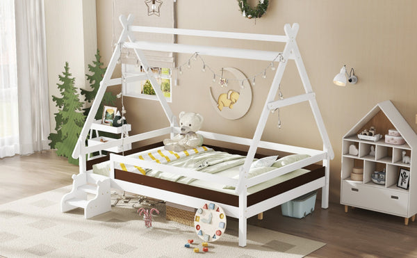 English Elm Twin House Shaped Platform Bed Solid Pine Frame with Built in Stairs for Kids Light White W1580P354720