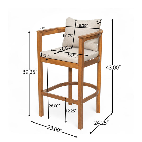 English Elm Christopher Knight Home® - Abaco Acacia Outdoor Barstool Set of 2 with Removable Gray Cushions, Rustic Curved Back Support Teak+ Beige N775P294071T
