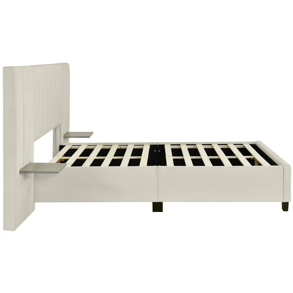 English Elm Queen Upholstered Platform Bed with Oversized Velvet Headboard, Built-In Shelves, Modern Comfort and Support for Relaxation Beige SF000138AAA