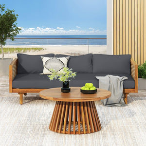 English Elm Christopher Knight Home® - Wicker Outdoor Patio Daybed and Coffee Table Set — All-Weather Acacia Frame, Water-Resistant Cushions DARK GREY,Teak N770P234486F_N770P205570A