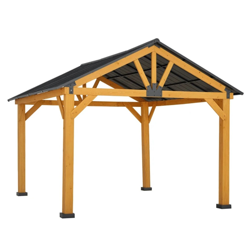 English Elm Outdoor Hardtop Gazebo Fir Wood Frame Steel Roof Backyard Patio Shelter 13 Ft T3971S00177