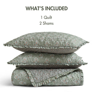 English Elm 3-piece King Quilt Set Ruffle Trim Vermicelli Stitching Soft Polyester Bohemian Bedding Sage Green B035P408231