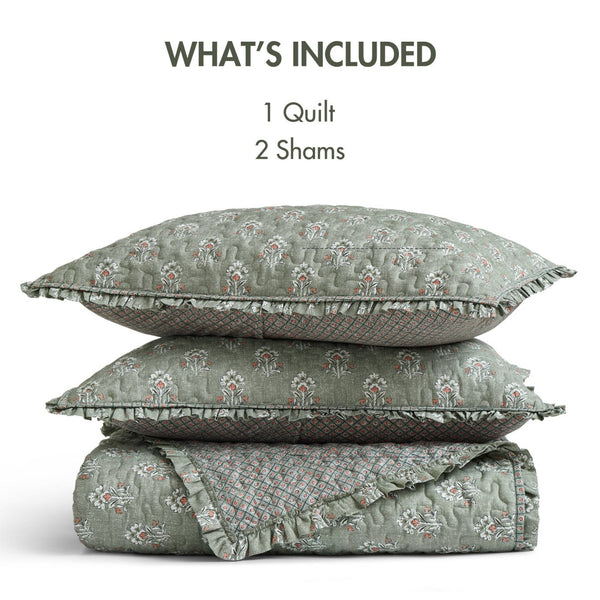 English Elm 3-piece King Quilt Set Ruffle Trim Vermicelli Stitching Soft Polyester Bohemian Bedding Sage Green B035P408231