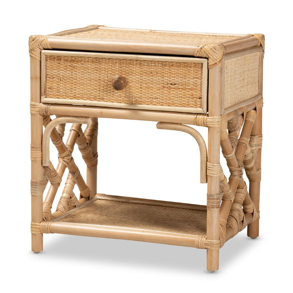 English Elm Modern Rattan Nightstand with Drawer and Open Shelf for Bohemian Bedroom Decor B2750P470042