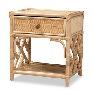 English Elm Modern Rattan Nightstand with Drawer and Open Shelf for Bohemian Bedroom Decor B2750P470042