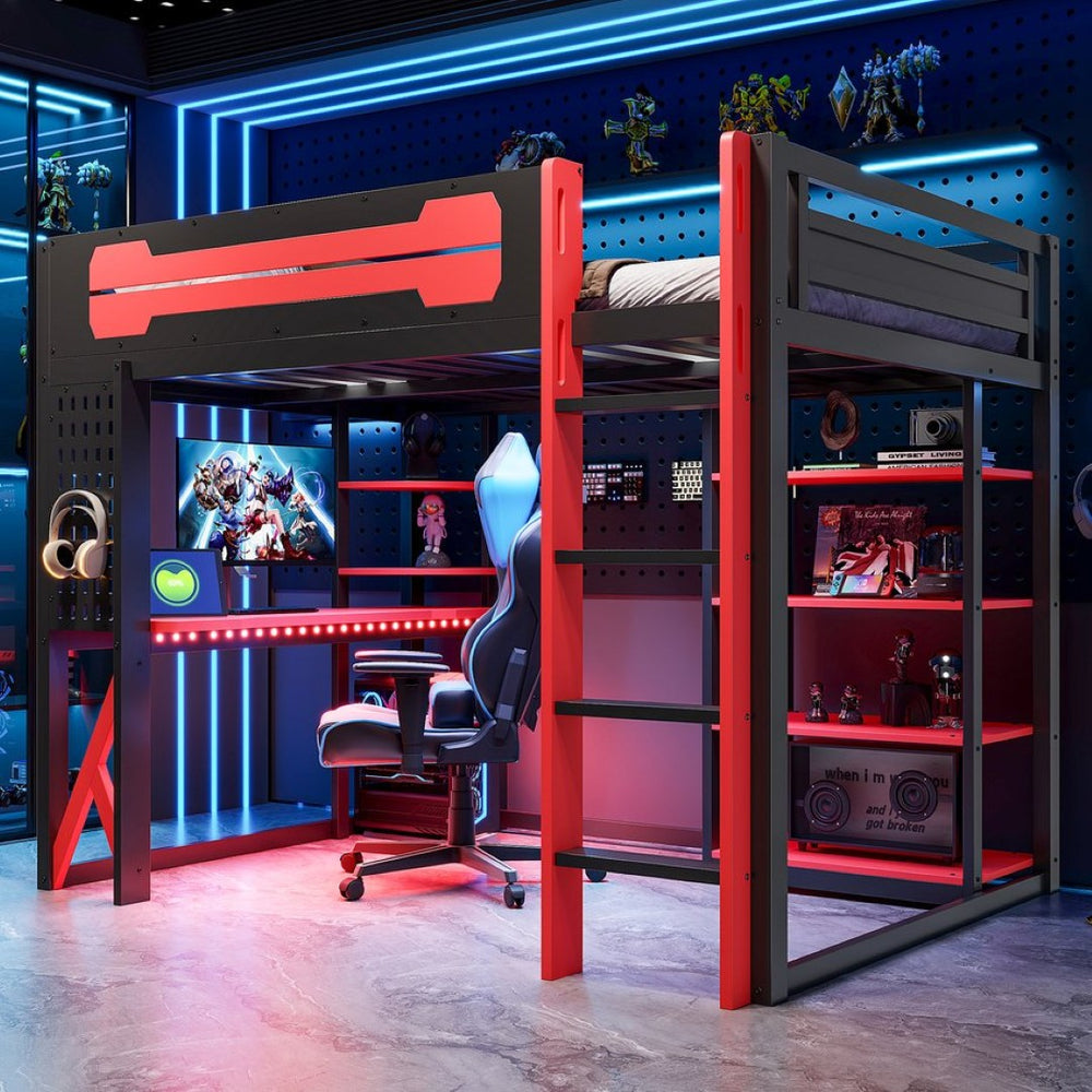 English Elm Full Size Loft Bed with Rgb Lighting Chevron Desk Usb Charging Ports and Storage Shelves Black+Red LT000286AAR