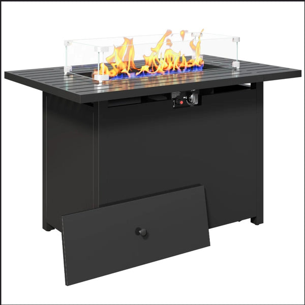English Elm 43”width Outdoor Rectangular Propane Fire Pit Table with Iron Frame and Glass Shield B082P454964