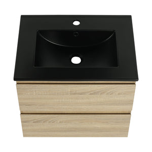 English Elm 24" Wall-Mounted Bathroom Vanity With Black Sink, 2 Soft-Close Drawers - Ideal For Compact Spaces! W999S00192