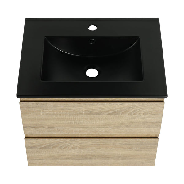English Elm 24" Wall-Mounted Bathroom Vanity With Black Sink, 2 Soft-Close Drawers - Ideal For Compact Spaces! W999S00192