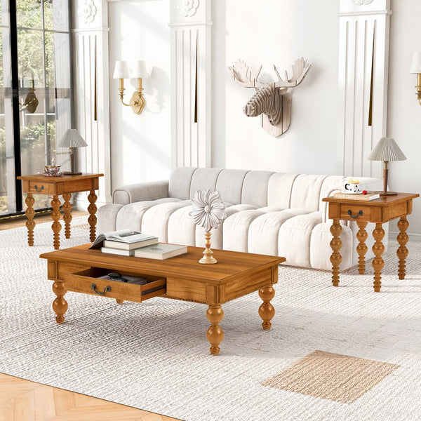 English Elm Solid Wood Coffee Table Set with Drawer Vintage-Inspired Acacia Veneer, Sturdy Rubberwood Legs, Easy No-Tool Assembly Natural W1202S00012