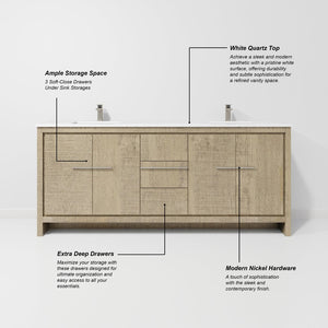 English Elm Rustic Acacia Double Bath Vanity 80 In. W X 20 In. D, White Quartz Top & Soft-Close Storage Solutions B2731P259229-GIGA