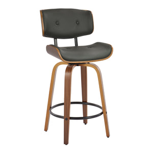 English Elm Lombardi Mid-Century Counter Stool Set of 2 — Walnut Bent Wood Frame, Tufted Faux Leather Swivel, 26" Grey B202S00342