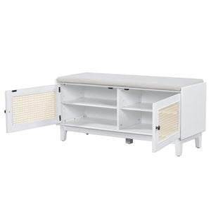 English Elm Trexm Bohemian Rattan Storage Bench Cushioned Seat Shoe Cabinet for Entryway Beige,White N715P308012K