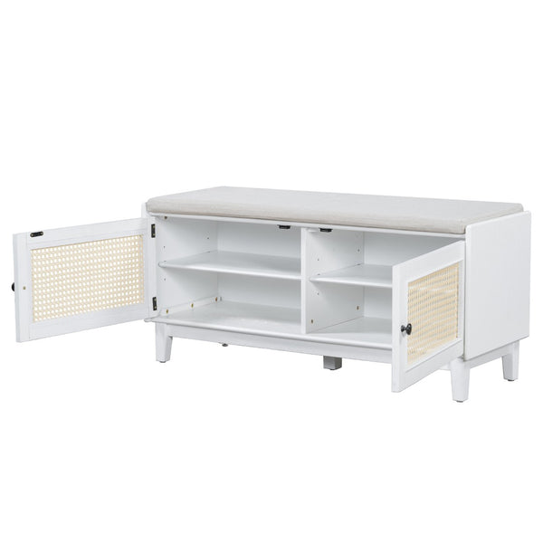 English Elm Trexm Bohemian Rattan Storage Bench Cushioned Seat Shoe Cabinet for Entryway Beige,White N715P308012K
