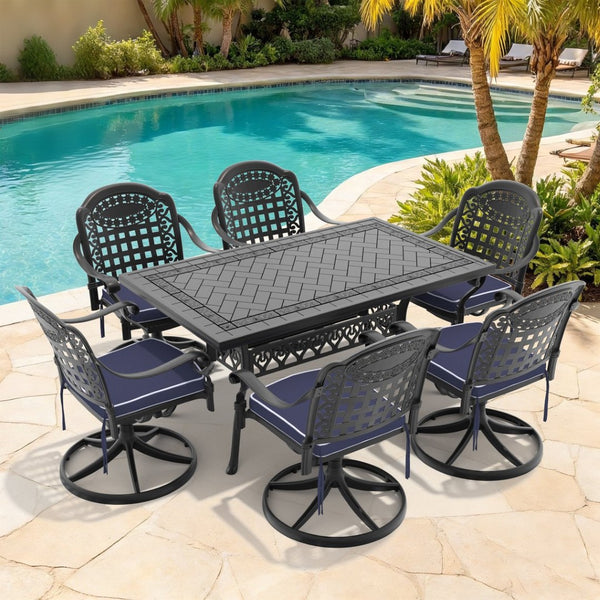 English Elm 7-piece Cast Aluminum Outdoor Dining Set with Swivel Chairs and Ornate Patio Table W1710S00358
