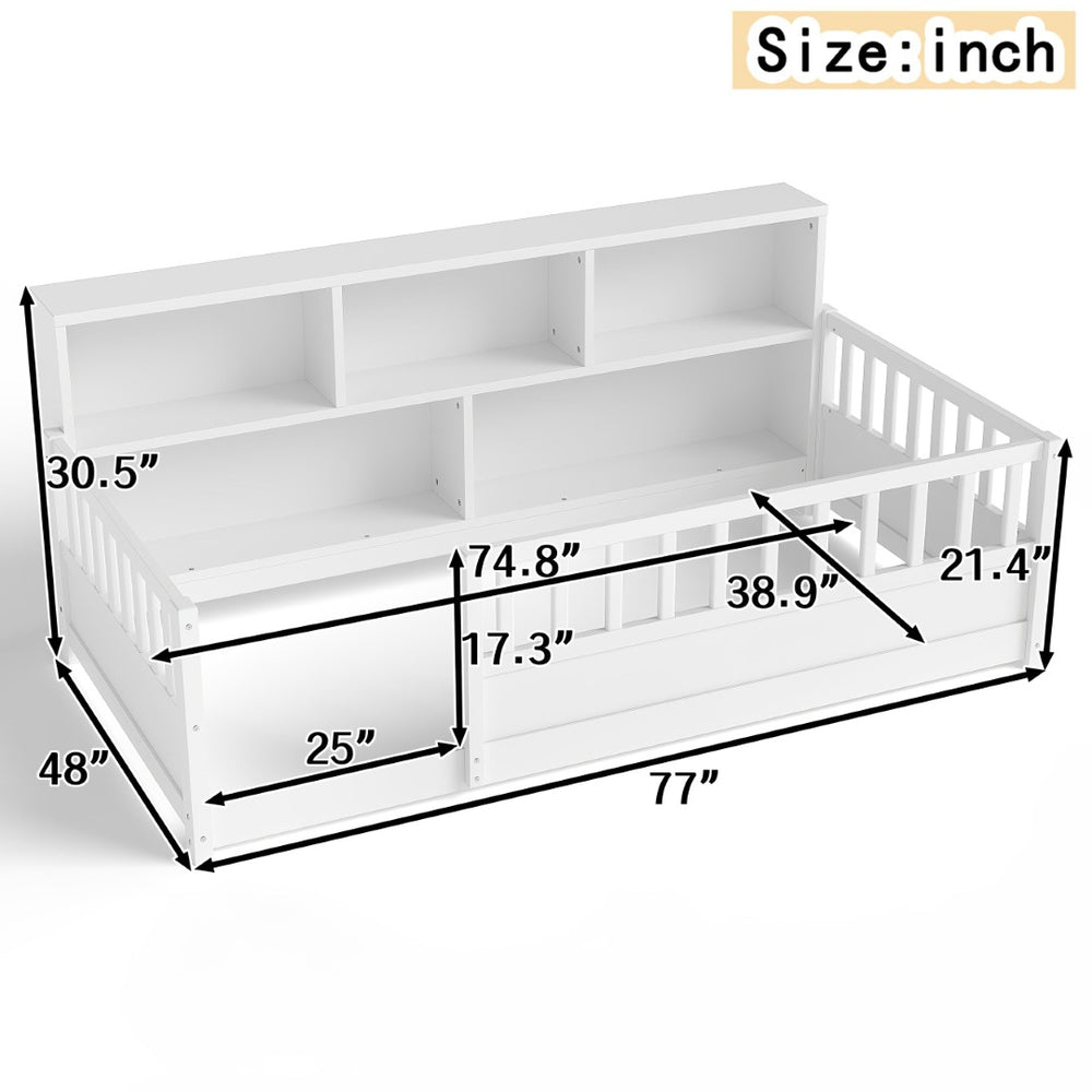English Elm A Pine Floor Bed Twin Frame with Fence Guardrail and Shelf for Kids Rooms White W1858P410401