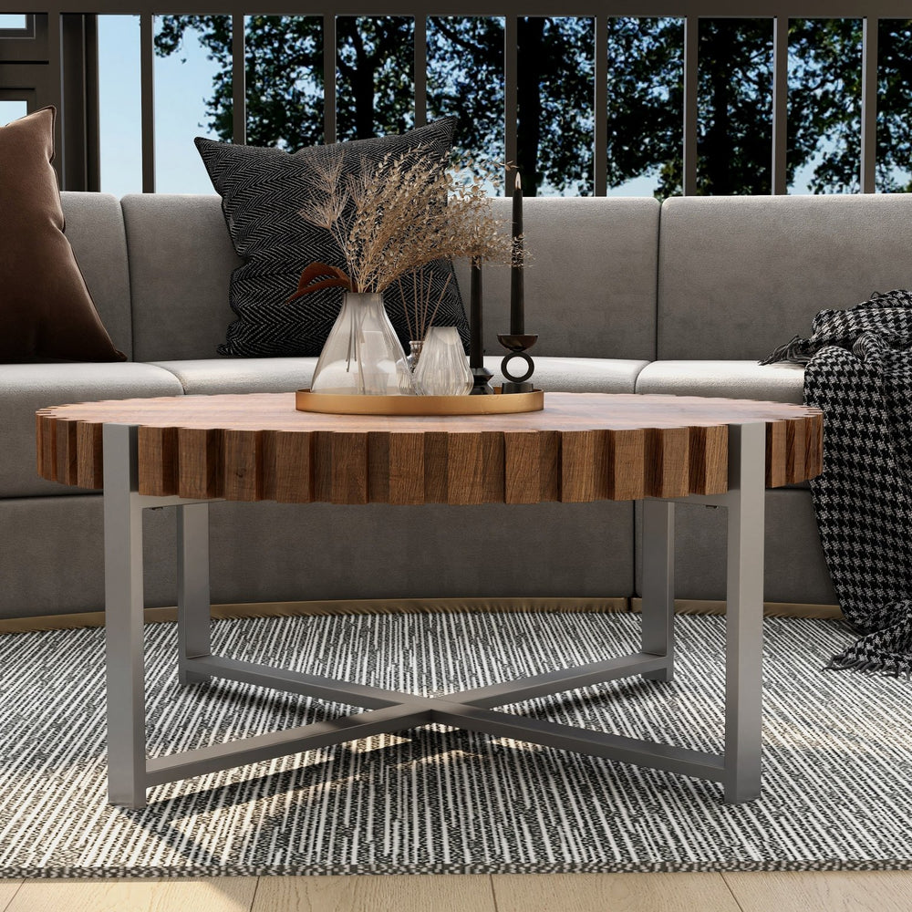 English Elm 31.4-inch Modern Circular Coffee Table with Natural Wood Grain Finish, Handmade Drum Design, Sturdy Base W1727P251174