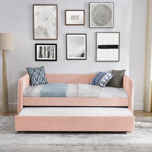 English Elm Daybed Boucle Upholstered Tufted Twin Trundle Sofa for Guest Bedroom Studio Lounge Pink W1413S00172