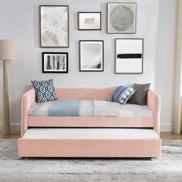 English Elm Daybed Boucle Upholstered Tufted Twin Trundle Sofa for Guest Bedroom Studio Lounge Pink W1413S00172
