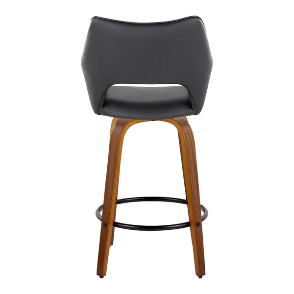 English Elm Mustang 26" Contemporary Counter Stool Set of 2 — Swivel Walnut Bentwood Legs, Black Faux Leather, Footrest B202S00366