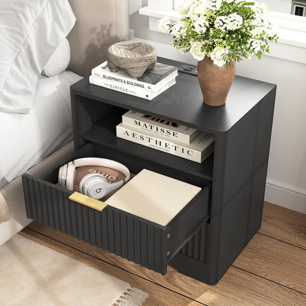 English Elm Nightstand Smart Bedside Table with Usb Charging Voice Light and Cabinet Storage W1321P399420