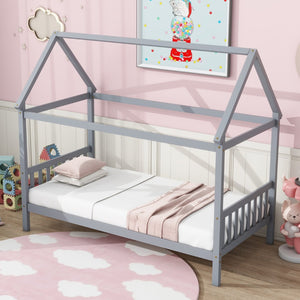 English Elm Twin House Shaped Kids Bed Solid Rubberwood Platform Frame with Storybook Silhouette W504P363901